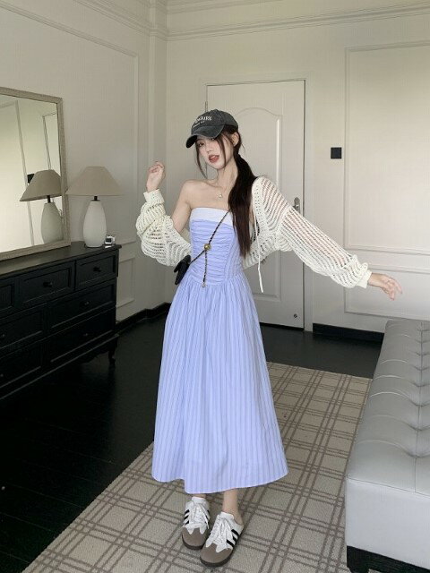 オフショルダーワンピース フリル チューブトップ ロングワンピ ストライプ柄 シンプル【大きいサイズ レディース 冬春 結婚式 きれいめ タイト フォーマル 大人 上品 チュニック one-piece】のサムネイル
