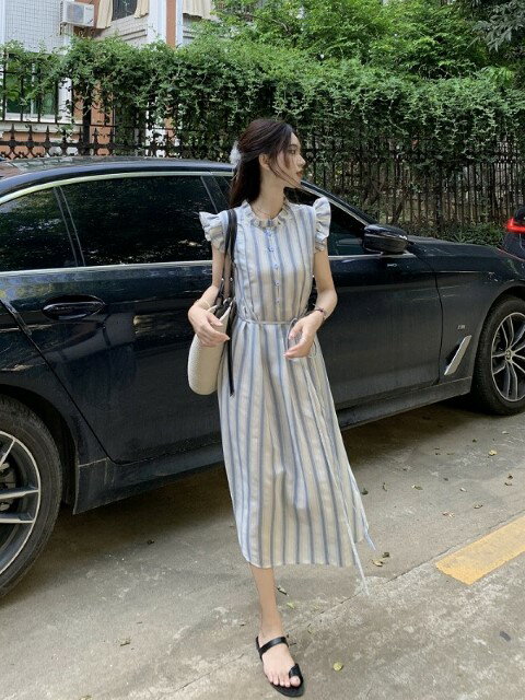 ノースリーブワンピース 袖フリル ひざ下丈ワンピ ストライプ柄 シンプル【大きいサイズ レディース 夏秋 結婚式 きれいめ タイト フォーマル 大人 上品 チュニック one-piece】