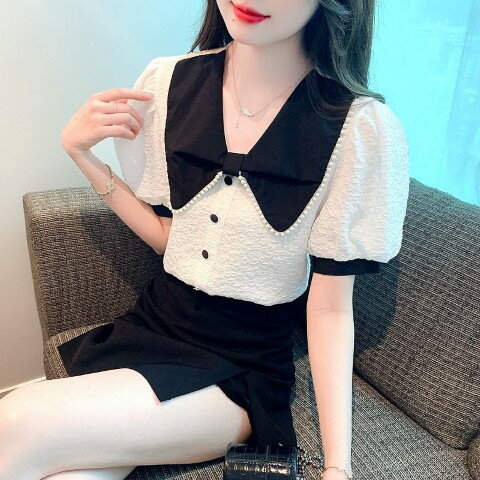 シャツ 半袖 ボリューム袖 ガーリー パフスリーブ 襟付き 大きいサイズ 【大きいサイズ レディース 春夏 チュニック フォーマル オフィス ボウタイ シフォン シャツ インナー blouse】
