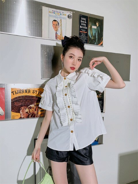 シャツ 半袖 フリル ブラウス 半袖 おしゃれ 清楚 レトロ かわいい【大きいサイズ レディース 秋冬 チュニック フォーマル オフィス ボウタイ シフォン シャツ インナー blouse】