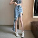 ミニスカート デニムスカート アシンメトリー ダメージ加工 カジュアル かわいい デニム シンプル【大きいサイズ レディース ミニ タイト セクシー プリーツ 夏秋 フレア スウェット パンツ レギンス skirt】