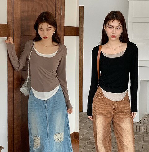 Tシャツ 長袖 トップス 長袖 重ね着風 シンプル カジュアル 無地 かわいい スリム【大きいサイズ レディース 無地 シャツ チュニック 春夏 tシャツ ゆったり uv shirt】