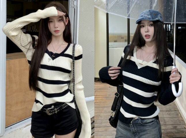 ニットトップス 長袖 カットソー ボーダー柄 シンプル カジュアル 【大きいサイズ レディース 平干し ニット ニットセーター vネック ドルマン カーディガン knit sweater】