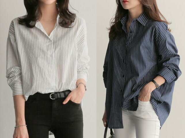 シャツ長袖ブラウスボーダー柄ライン...