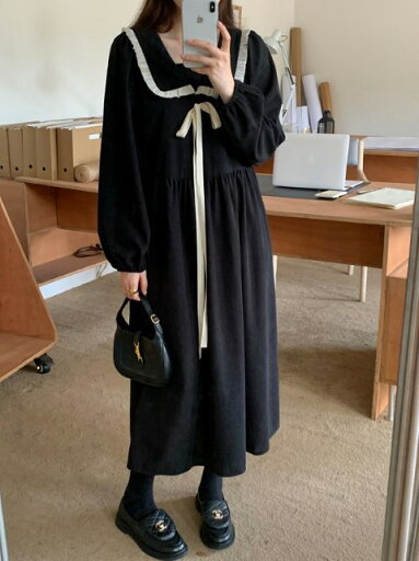 ワンピース 長袖 フリル ロングワンピース リボン レトロ 学生服風 カジュアル レディース【大きいサイズ レディース 夏秋 結婚式 きれいめ タイト フォーマル 大人 上品 チュニック one-piece】 ワンピース 長袖 フリル ロングワンピース リボン レトロ 学生服風 カジュアル レディース【大きいサイズ レディース 夏秋 結婚式 きれいめ タイト フォーマル 大人 上品 チュニック one-piece】