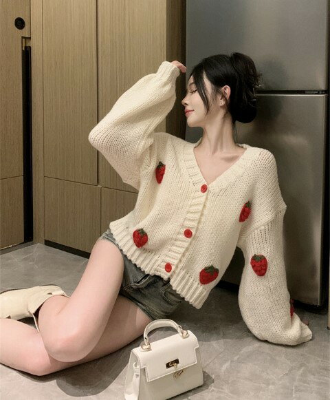 ニットトップス カーディガン 長袖 ショート丈 いちご セーター レディース【大きいサイズ レディース 平干し ニット ニットセーター vネック ドルマン カーディガン knit sweater】