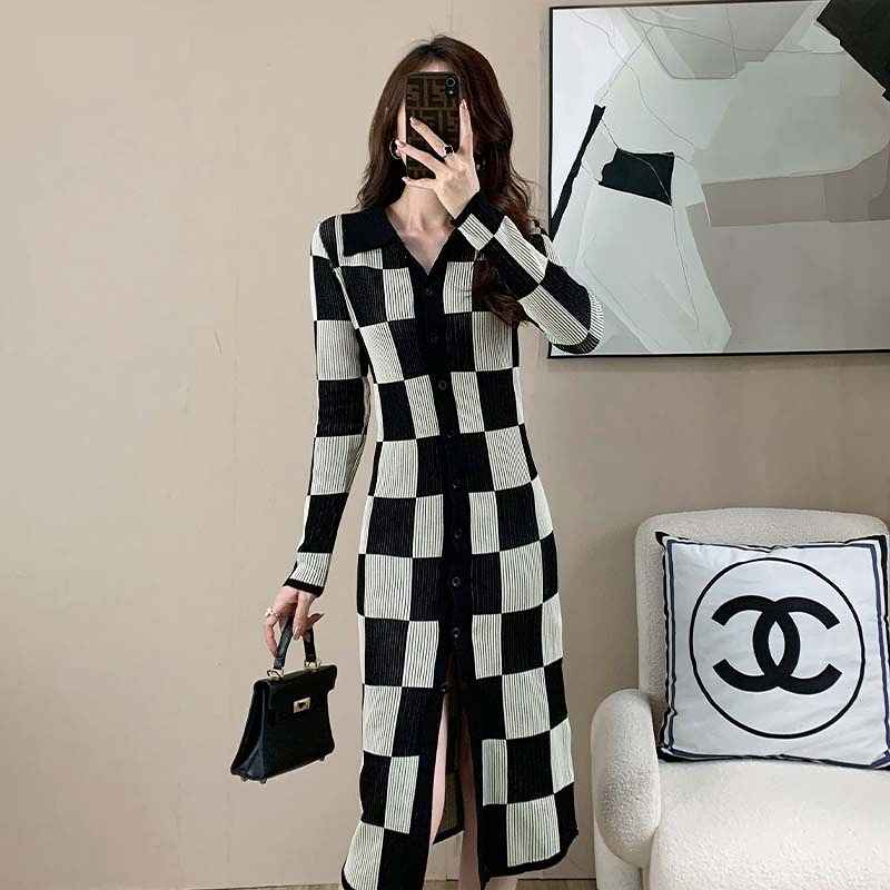 ワンピース 長袖 スリット入り チェック柄 格子柄 ギンガムチェック シンプル きれいめ カジュアル 【大きいサイズ レディース 秋冬 結婚式 きれいめ タイト フォーマル 大人 上品 チュニック one-piece】