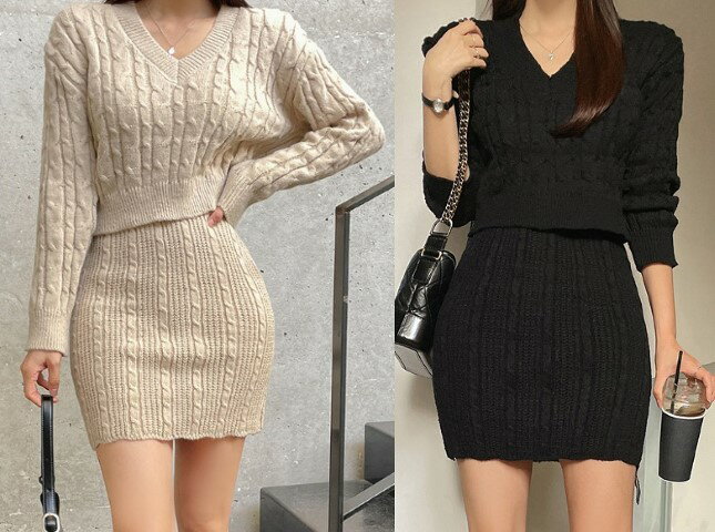 長袖ニットトップス+ミニスカートセ...