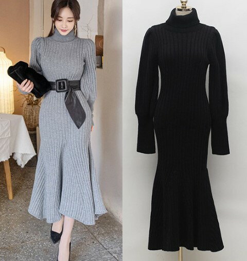 ロングワンピース ニットワンピース 長袖 厚手 ボリューム袖 シンプル 無地 ニットセーター【大きいサイズ レディース 夏秋 結婚式 きれいめ タイト フォーマル 大人 上品 チュニック one-piece】