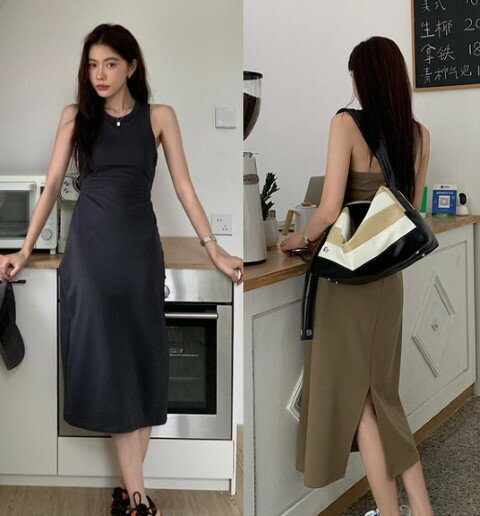 ワンピース ひざ丈 ノースリーブ 袖なしワンピ 背中見せ シンプル カジュアル【大きいサイズ レディース 春夏 結婚式 きれいめ タイト フォーマル 大人 上品 チュニック one-piece】のサムネイル