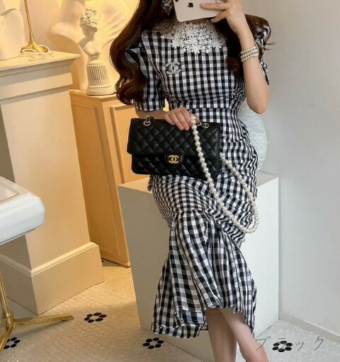 全2色 ワンピース クロッシェレース 切り替え スリム 着痩せ レース チェック柄【大きいサイズ レディース 春夏 結婚式 きれいめ タイト フォーマル 大人 上品 チュニック one-piece】
