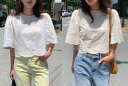 全2色 半袖トップス クロッシェレース 切り替え 体型カバー 着痩せ sweet系【大きいサイズ レディース 夏秋 きれいめ 可愛い かわいい チュニック tops】(4)