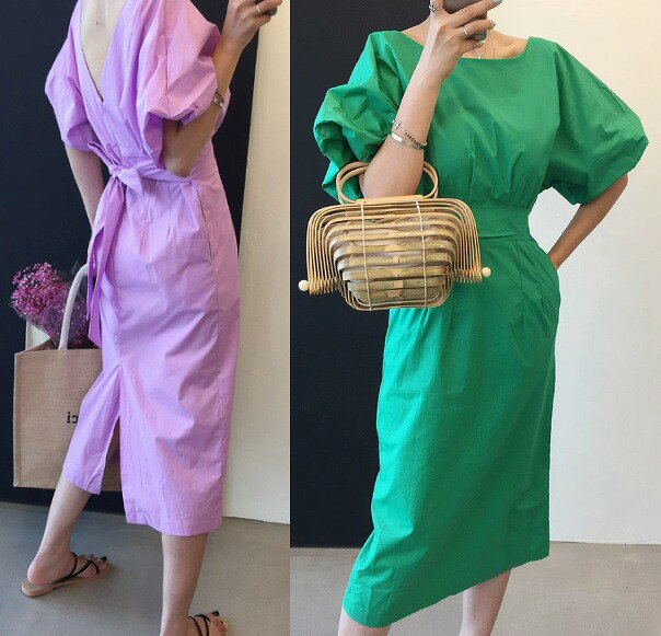 全2色 ワンピース ボリューム袖 切り替え スリム 着痩せ シンプル【大きいサイズ レディース 春夏 結婚式 きれいめ タイト フォーマル 大人 上品 チュニック one-piece】