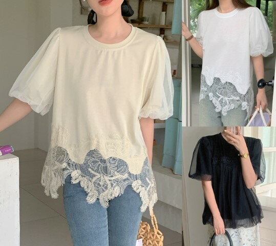 全3色 半袖Tシャツ ボリューム袖 切り替え 体型カバー 着痩せ sweet系【大きいサイズ レディース 無地 シャツ チュニック 秋冬 tシャツ ゆったり uv shirt】