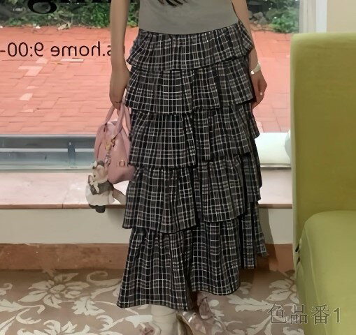 ロングスカート ボトムス フリル チェック柄 ケーキスカート シンプル カジュアル レディース【大きいサイズ レディース ロング 春夏 フレア スウェット パンツ レギンス スカーチョ スキニー レギンス skirt】