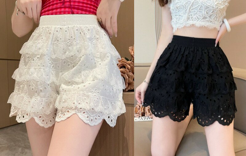 全2色 ショートパンツ ショーパン フリル 切り替え 体型カバー 着痩せ レース sweet系【大きいサイズ レディース 夏秋 デニム ハイウエスト ハーフパンツ パンツ ショーパン スキニー ダメージ 短パン short pants】