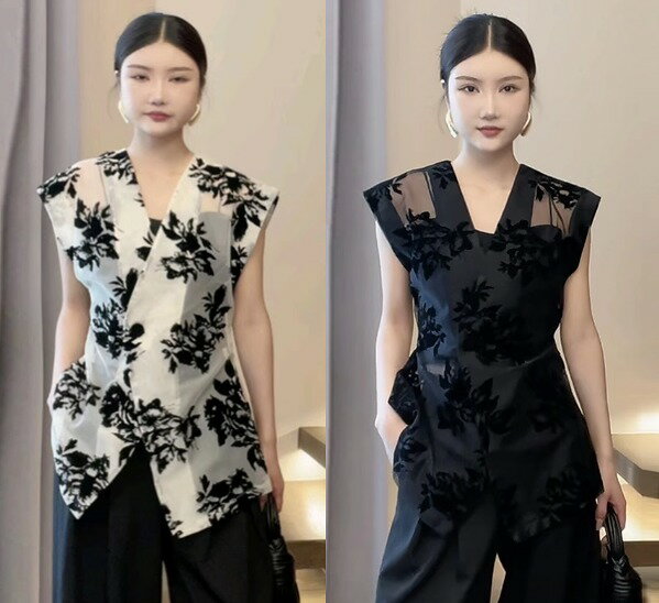 シャツ ブラウス ノースリーブ Vネック 切り替え スリム 着痩せ シンプル【大きいサイズ レディー
