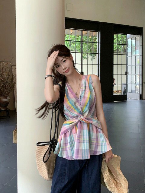 ノースリーブトップス フリル 切り替え バイカラー スリム 着痩せ チェック柄 sweet系【大きいサイズ レディース 秋冬 きれいめ 可愛い かわいい チュニック tops】