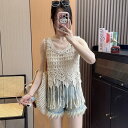 タンクトップ ベスト ジレ 2点セット フリンジ クロッシェレース 透け編み 日焼け止め エスニック swee【大きいサイズ レディース 夏秋 レース 無地 ダ...