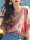 半袖Tシャツ プリント 切り替え バイカラー 体型カバー 着痩せ カジュアル【大きいサイズ レディース 夏秋 チュニック フォーマル オフィス ボウタイ シフォン シャツ インナー blouse】(4)