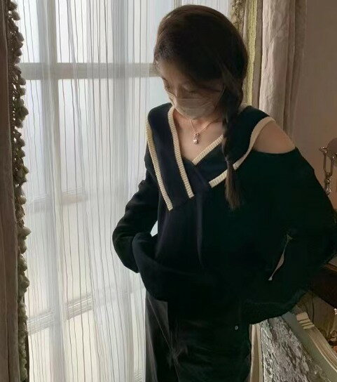 ニット オフショルダー 切り替え 体型カバー 着痩せ カジュアル【大きいサイズ レディース 平干し ニット ニットセーター vネック ドルマン カーディガン knit sweater】