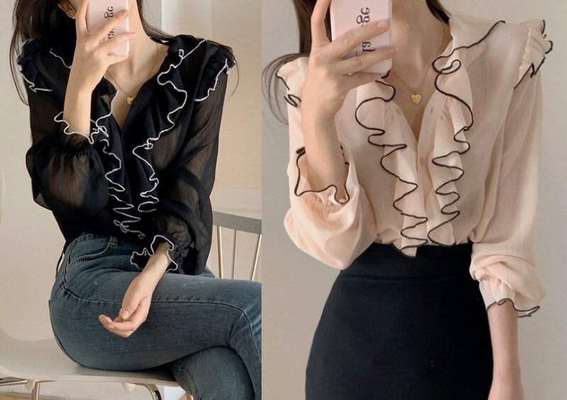 全2色 シャツ ブラウス フリル 切り替え 体型カバー 着痩せ sweet系【大きいサイズ レディース 冬春 チュニック フォーマル オフィス ボウタイ シフォン シャツ インナー blouse】