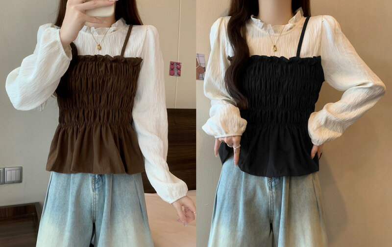 トップス 長袖 重ね着 フリル カジュアル シンプル お出かけ レディース【大きいサイズ レディース 夏秋 きれいめ 可愛い かわいい チュニック tops】