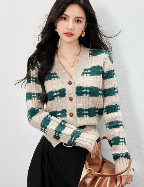 ニットトップス 長袖 カーディガン 羽織 ボーダー柄 シンプル カジュアル かわいい レトロ レディース【大きいサイズ レディース 秋冬 きれいめ 可愛い かわいい チュニック tops】