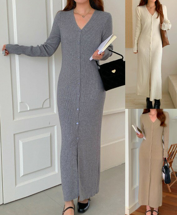 ロングワンピース長袖ニットカーディ...