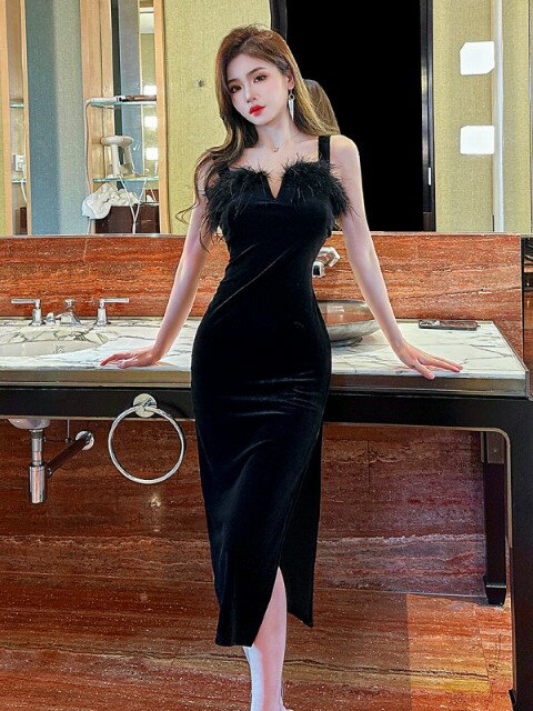 ロングワンピース キャミワンピース ファー付き セクシー ドレス キャバクラ フェイクファー【大きいサイズ レディース 春夏 結婚式 きれいめ タイト フォーマル 大人 上品 チュニック one-piece】