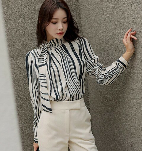 トップス シャツ ブラウス 長袖 ゼブラ柄 シンプル カジュアル レディース【大きいサイズ レディース 秋冬 チュニック フォーマル オフィス ボウタイ シフォン シャツ インナー blouse】