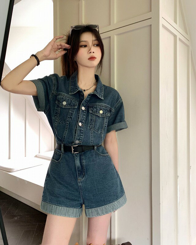オールインワン 半袖 ショートパンツ デニム つなぎ サロペット シンプル カジュアル【大きいサイズ レディース 夏秋 スカート パンツ ガウチョ ドレス サロペット ロンパース all-in-one】