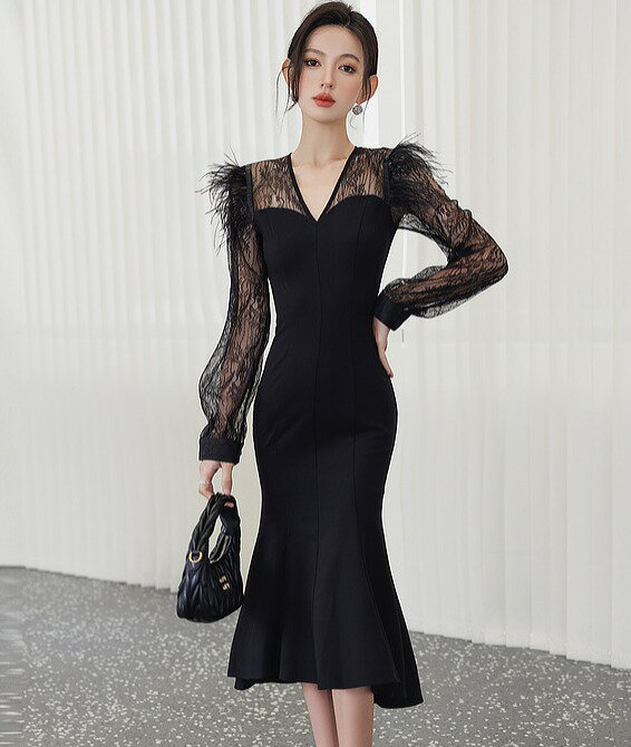 ミディアム丈ワンピース ひざ丈ワンピース 長袖 レース Vネック タイト フリル パーティードレス 二次会 披露宴【大きいサイズ レディース 秋冬 結婚式 きれいめ タイト フォーマル 大人 上品 チュニック one-piece】