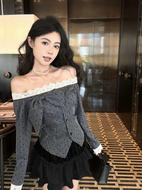 トップス 長袖 オフショルダー リボン ドット柄 レース シンプル カジュアル レディース【大きいサイズ レディース 秋冬 きれいめ 可愛い かわいい チュニック tops】
