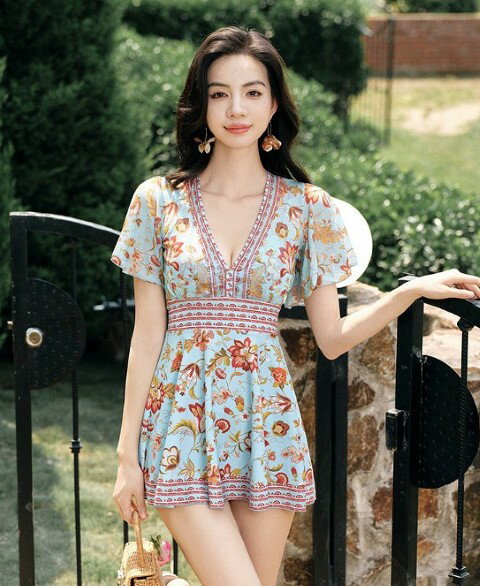 ワンピース水着 半袖 フリル 花柄 かわいい 露出控えめ レディース水着【大きいサイズ レディース 秋冬 結婚式 きれいめ タイト フォーマル 大人 上品 チュニック one-piece】