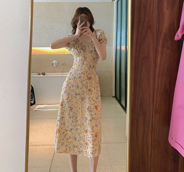 ロングワンピース 半袖 パフスリーブ 花柄 ボリューム袖 かわいい キュート レディース【大きいサイズ レディース 秋冬 結婚式 きれいめ タイト フォーマル 大人 上品 チュニック one-piece】