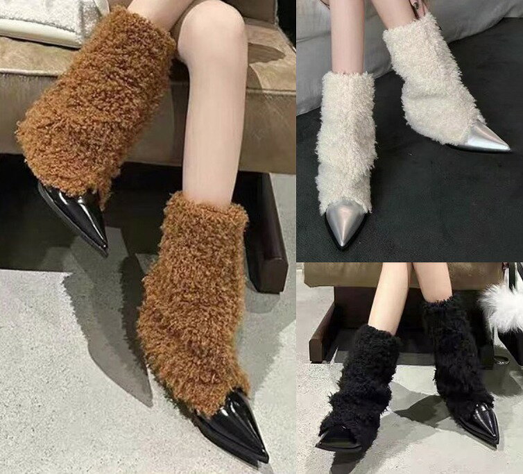 ブーツ とんがりトゥ ファー付き 切り替え シンプル【大きいサイズ レディース 雪道 サイドゴア ヒール ロング 美脚 エンジニアブーツ ブーティ 秋冬 boots】