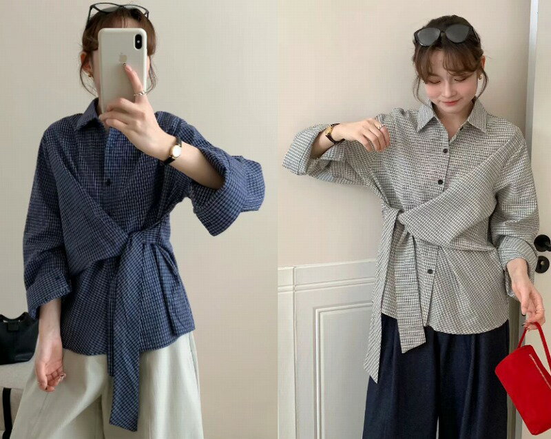 シャツ ブラウス 切り替え バイカラー 体型カバー 着痩せ チェック柄【大きいサイズ レディース 秋冬 チュニック フォーマル オフィス ボウタイ シフォン シャツ インナー blouse】