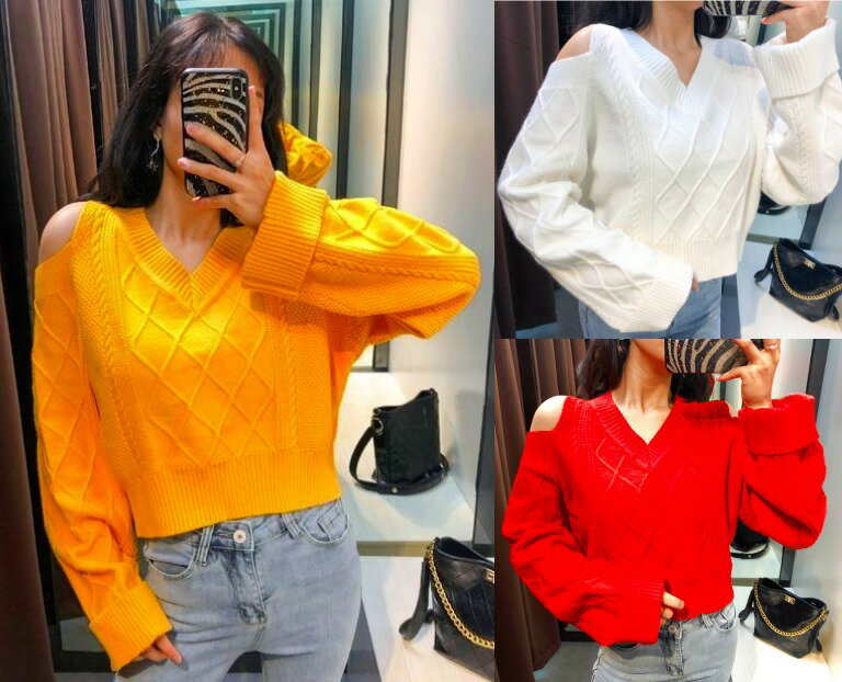 ニットオフショルダー長袖体型カバー...