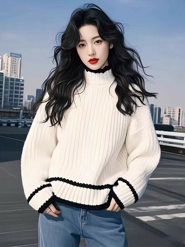 ニット長袖ハイネックバイカラー体型...