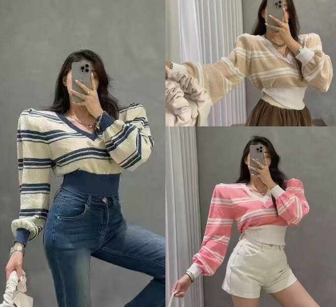 ニット 長袖 バイカラー 体型カバー 着痩せ Vネック カットソー ボーダー柄【大きいサイズ レディース ..