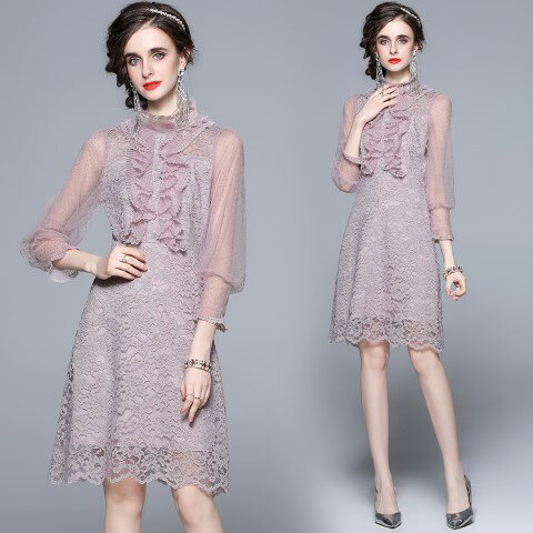 ひざ丈ワンピース 長袖 フリル レース 上品 二次会 懇親会 パーティードレス 披露宴【大きいサイズ レディース 秋冬 結婚式 きれいめ タイト フォーマル 大人 上品 チュニック one-piece】
