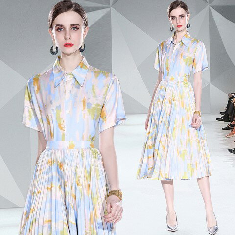 上下セットシャツトップス+ブリーツスカート 半袖 きれいめ カジュアル【大きいサイズ レディース 秋冬 フレア スウェット パンツ レギンス スカーチョ スキニ...