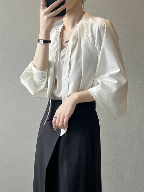 トップス ブラウス 長袖 リボン付き オフィスカジュアル シンプル レディース【大きいサイズ レディース 夏秋 チュニック フォーマル オフィス ボウタイ シフォン シャツ インナー blouse】