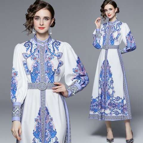 ロングワンピース プリント柄 長袖 フリル 上品 個性派 レディース【大きいサイズ レディース 秋冬 結婚式 きれいめ タイト フォーマル 大人 上品 チュニック one-piece】