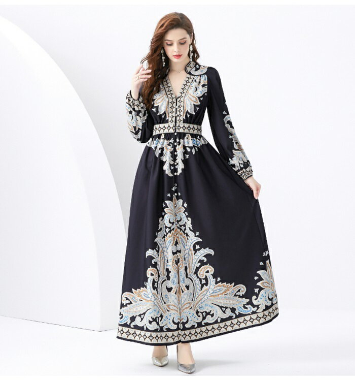 ロングワンピース 長袖 宮廷風 花柄 きれいめ ドレス 二次会 披露宴 懇親会 レディース【大きいサイズ レディース 夏秋 結婚式 きれいめ タイト フォーマル 大人 上品 チュニック one-piece】