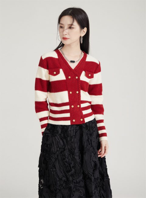 トップス 長袖 ニット Vネック ボーダー ユニーク カジュアル レディース【大きいサイズ レディース きれいめ 半袖 七分袖 五分袖 無地 秋冬 cut and sewn】