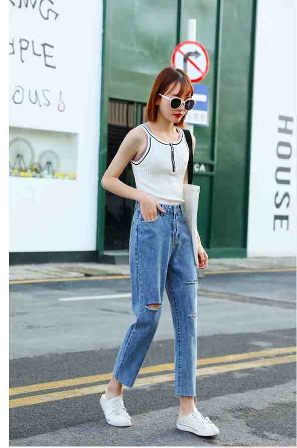 レディース ジーンズ ストレート ダメージジーンズ クロップド デニム スタイリッシュ【大きいサイズ レディース 秋冬 下着 ボトムス ストレート スキニー ショーツ pants】