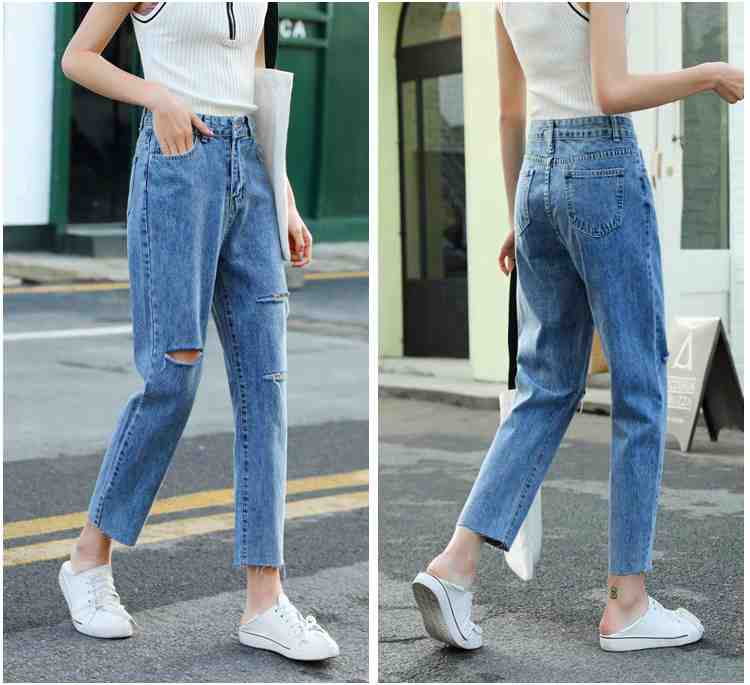 レディース ジーンズ ストレート ダメージジーンズ クロップド デニム スタイリッシュ【大きいサイズ レディース 秋冬 下着 ボトムス ストレート スキニー ショーツ pants】