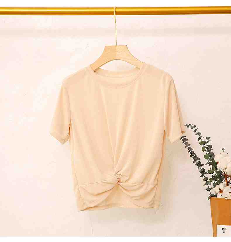 大人可愛い トレンド サマーニット tシャツ 無地 クルーネック アイスシルク風 OL 薄手 速乾性【大きいサイズ レディース 無地 シャツ チュニック 夏秋 tシャツ ゆったり uv shirt】